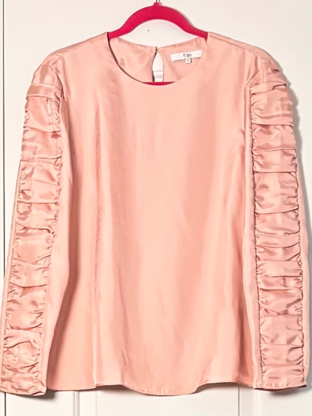 Tibi Blush Pink Ruched-Sleeve Silk Top